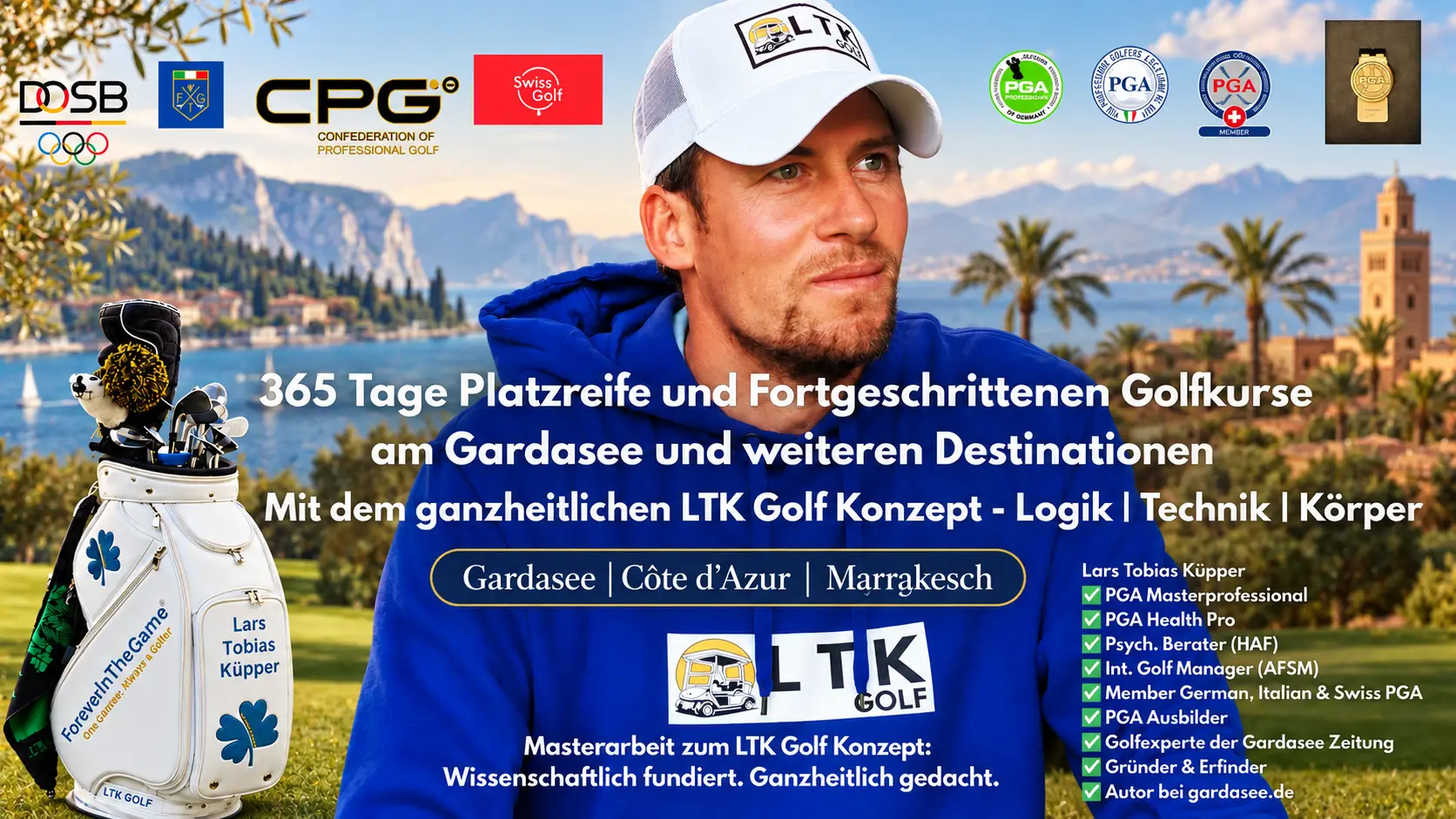 LTK Golf Werbebanner mit Golfcoach, Golfbag und Kursangeboten am Gardasee, an der Côte d’Azur und in Marrakesch.